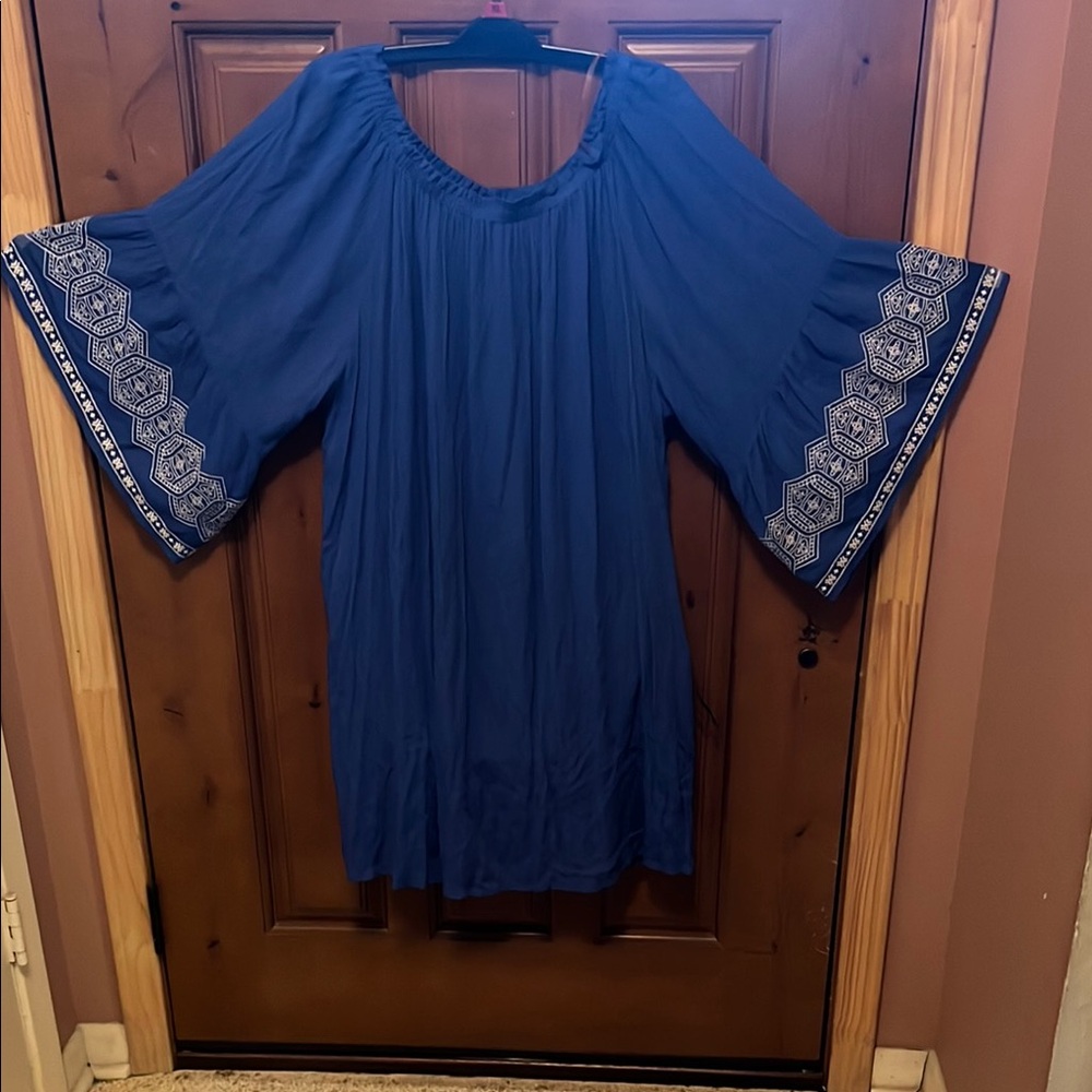 Blue Embroidered Bell-Sleeve Midi Dress
